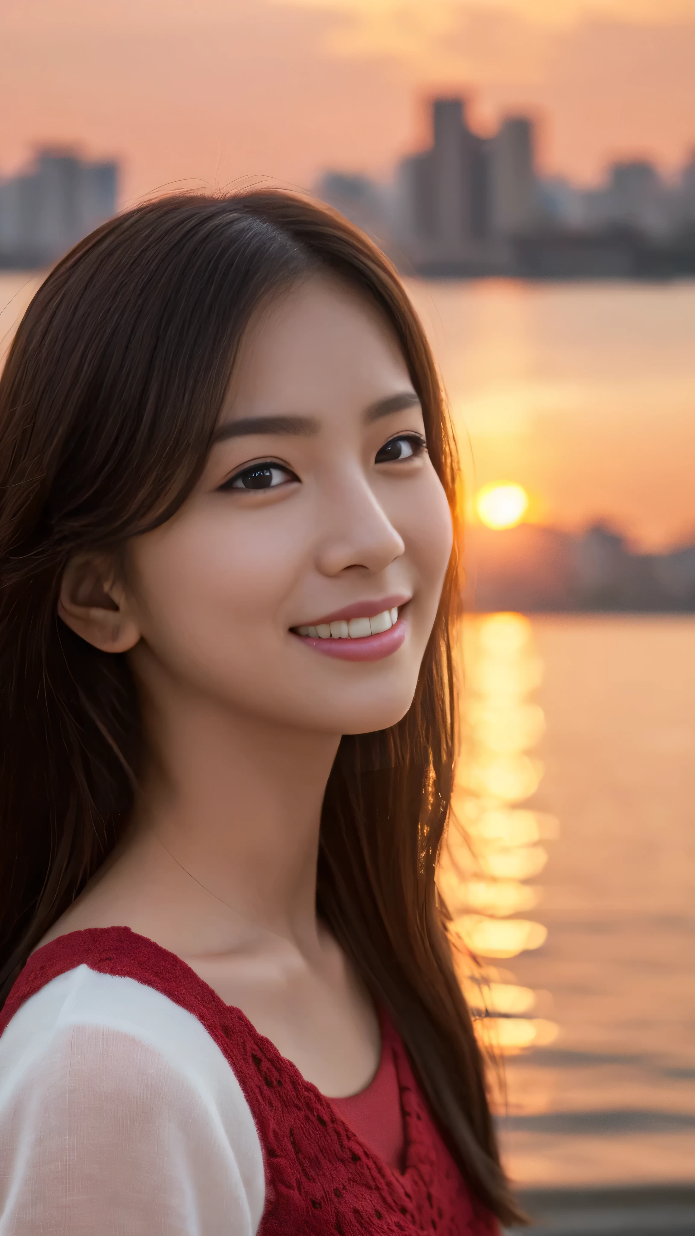 1 girl, (Random season random color outfit:1.2), Very beautiful Filipino actress,
(RAW Photos, highest quality), (Realistic, Photorealistic:1.4), Tabletop,
Very delicate and beautiful, Very detailed, 2k wallpaper, wonderful,
finely, Very detailed CG Unity 8K wallpaper, Very detailed, High resolution, Soft Light,
Beautiful detailed girl, Very detailed目と顔, Beautiful and detailed nose, Finely beautiful eyes, Cinema Lighting,
Distant view of the buildings, (Sunset on the horizon:1.4),
Bright Red Sunset, Sunset reflected on the surface of the water,
Complete Anatomy, Slender body, small, smile,
Pan Focus