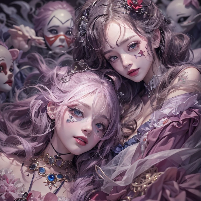 Hiding in the grave、Hair flow、 ((highest quality、masterpiece、8k、Best image quality、Ultra-high resolution、Award-winning works)、(Accurate anatomy:1.1)、(Look at me and smile:1.1)、Shining fair skin with Ultra-high resolution、The most detailed face、Ultra-high resolution detailed face、Ultra-high resolutionの髪の毛、(Ultra-high resolutionの煌めく瞳:1.1)、Beautiful face drawn in every detail、Cheerful clown costume, Chest to chest, tattoo,weird atmosphere, ghosts flowing 