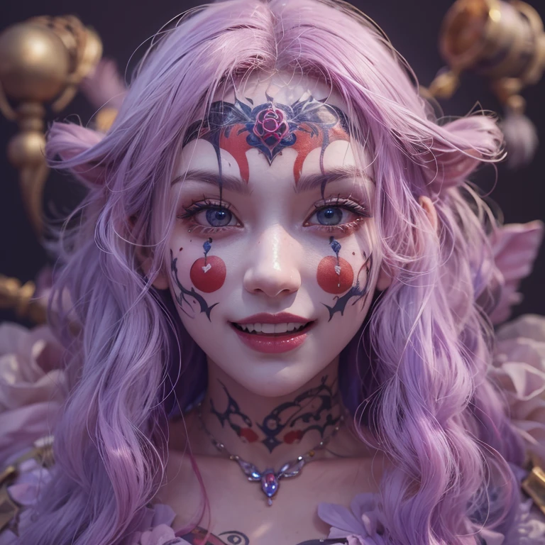Hiding in the grave、Hair flow、 ((highest quality、masterpiece、8k、Best image quality、Ultra-high resolution、Award-winning works)、(Accurate anatomy:1.1)、(Look at me and smile:1.1)、Shining fair skin with Ultra-high resolution、The most detailed face、Ultra-high resolution detailed face、Ultra-high resolutionの髪の毛、(Ultra-high resolutionの煌めく瞳:1.1)、Beautiful face drawn in every detail、Cheerful clown costume, Chest to chest, tattoo,weird atmosphere, ghosts flowing