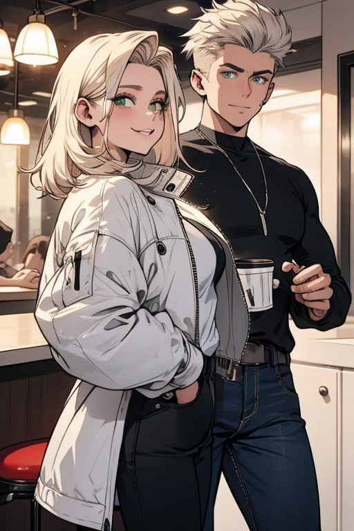 A white haired woman with green eyes and white wolf ears and a white wolf tail in a leather jacket and jeans is smiling at a diner