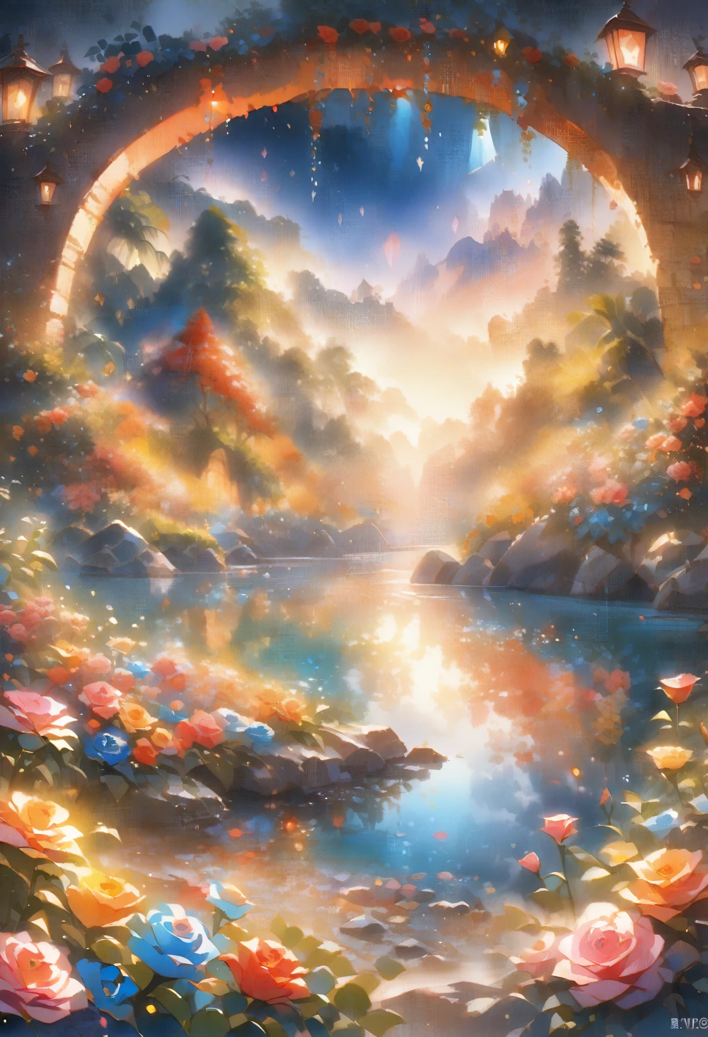 半山腰有一個巨大的Fall, An ancient city embedded in the rocks, epic matte painting of an island, The Lost City of Atlantis. Sunset, dark sky with red Sunset clouds, Fog in the forest, Fall流入池塘, pond with garden, Pond flowers and water lilies, Rock Bridge, epic landscape, painting艺术, Watercolor Art, Lantern in the pond, Blurred ancient city on the mountain in the distance, fantasy, Trending on Artstation, Trending in cgsociety, Wheels within wheels, High Detail, Dramatic, art midway, tall Fall, painting of a river with rocks and trees in the foreground , By the River, landscape, jungle, Fall, Crystal clear water, Night Light, rich and colorful, river with rocks, Rock Bridge, epic, fantasy, ((Roses and flowers on the shore of the pond) ), ((painting)), ((Rock Bridge))
