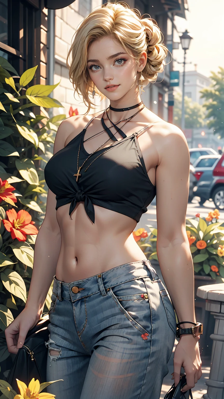 A 22-year-old extremely beautiful white woman、Supermodel proportions、Hair color blonde、blue eyeedium Hair、Straight Hair、Hair pulled up and tied back((hair pulled back))、Cross halter neck with lace embellishment【cross halter neck】Wear tops、Lower milk visible、Navel visible、Large chest、Narrow waist、Wear leggings、Wear high heels、In a garden full of flowers、smile