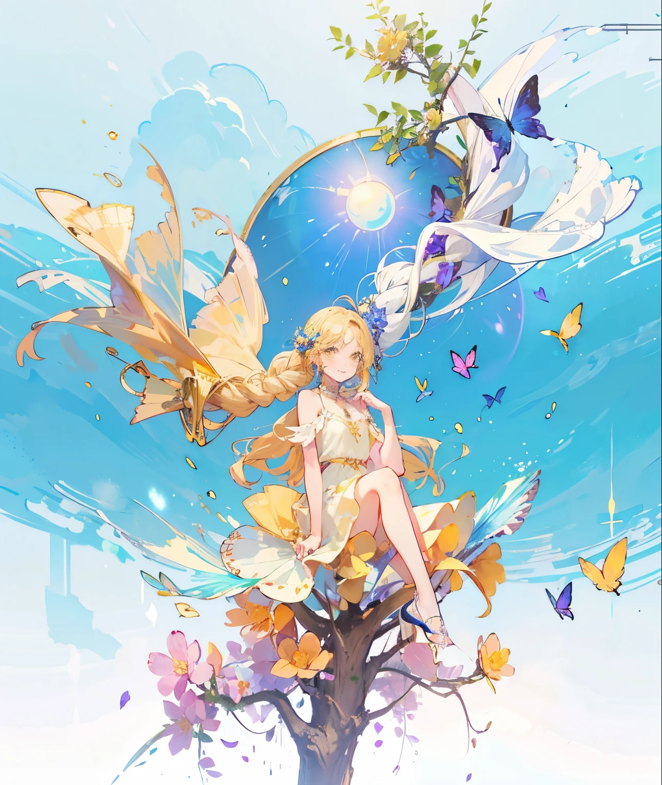 Best quality , masterpiece ,Fantasy scene ,
 ojou curls,young,cute ,long blonde hair( side bangs , big braided bangs, forehead),yellow eye,yellow sleeveless dress ,bare arms,young,petite(small top)cat girl,small smiling,floating,oval shape golden necklace, Bubbles,luminous  big
 Flower, bright shiny background  , full body, colourful round bubbles ,big planet in the sky,cosmos,a luminous colourful shiny gem in hand, colourful gem tree,luminous blue butterfly, violet and purple butterfly ,yellow butterflies ,bare_tree(gold trunks,gold leaf) ,yellow and white theme flower ground,yellow and white theme,sit on fower, holding gem