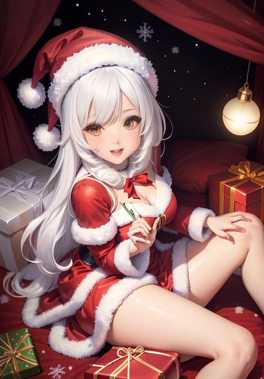 Animated Christmas card with a woman in a transparent Santa costume and presents, Cute girl anime visuals, splash art anime change, Best Anime 4K Konachan Wallpaper, , Cute Anime Girl, change, 4K Manga Wallpapers, Pixiv, White-haired God,  In a dress, Naughty, Anime Best Girl