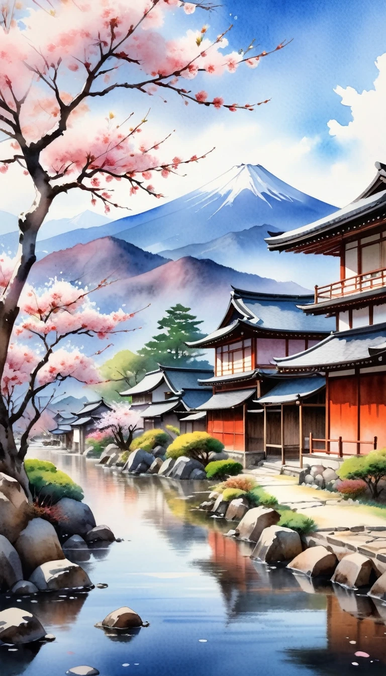 a beautiful watercolor landscape of an old Japanese village in an open-air museum, sakura trees in bloom, mountains in the background, soft brush strokes, watered colors, light and airy colors, (best quality,4k,8k,highres,masterpiece:1.2),ultra-detailed,(realistic,photorealistic,photo-realistic:1.37),landscape,painting