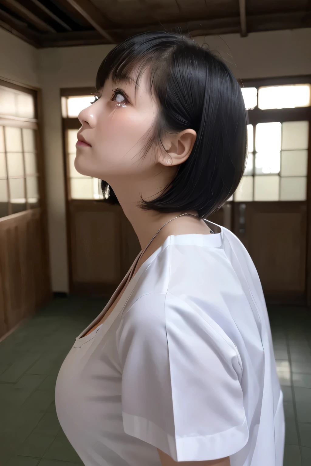 (1 Girl)、(Beautiful Japanese、18years old,round face、Refreshing、clear、seems kind、stylish、Pitiful、cute like an angel、cute、black eyes、,actress,Almond-shaped eyes,Translucent white skin、Beautiful skin), Good style , (Beautiful big breasts:1.2),(soft breasts),(very cute),(Black hair),(short bob hair),(enchanting eyes),(highlight on eyes:1.2)、(8K、Live shooting、highest quality、masterpiece:1.2、optimal lighting)、((masterpiece)),(Photo taken by a professional photographer),(real、photo real:1.4),break,{ (White nurse costume),(((taraditional nurse uniform))),,{(White nurse tight pants)},(cleavage:1.2)},( jumpy:1.4),(tears:1.4))(cheeks are red:1.2), break, break,Old abandoned hospital,Face shot:1.3、、Looking at viewer:1.6, face close-up,Looking up、Are standing、(((Back view))),((((Looking back)))),(((Very dark room)))