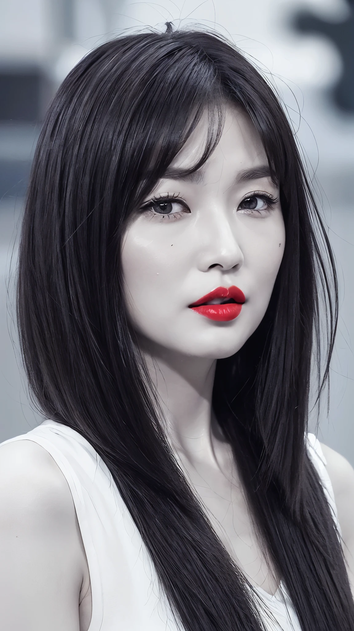 ((highest quality)), ((8K)), ((masterpiece: 1.3)), (Perfect appearance), (Photorealism: 1.6), (monochrome: 1.4), (Japanese Matureの肖像画), (60 years old, Japanese Mature), ((Realistic skin texture)), (Fine lines all over the skin), (Dull skin), (Facial wrinkles), (Wrinkles around the eyes), double eyelid, Tear bags under the eyelids, Closed lips, Calm expression, (Short bangs: 1.2), (Medium-long smooth hair: 1.6), (Hair blown by the wind and messy: 1.4), BREAK(Red lips: 1.4),BREAK