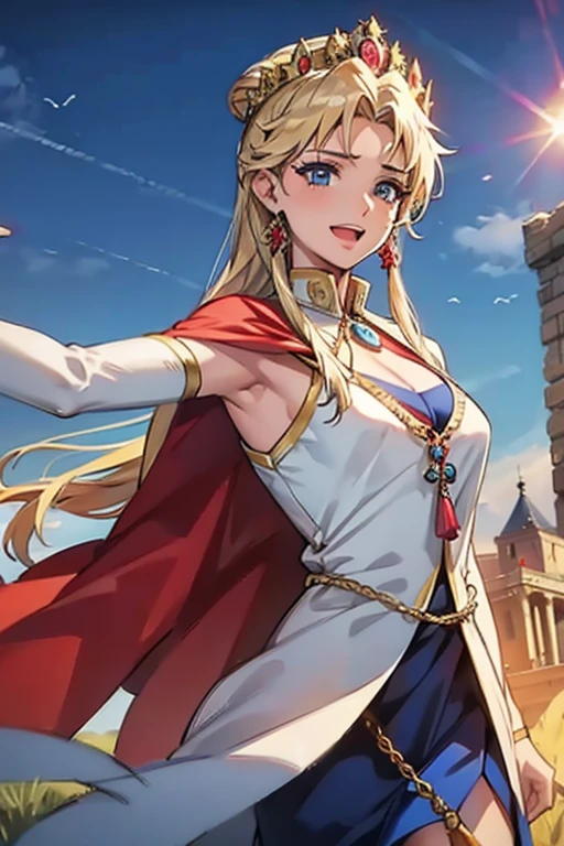 masterpiece, highest quality,High resolution,High-quality images,Detailed eye depiction,Skin luster,Shiny Hair,Fine grain,Adult women,Very detailed,Rin々Nice face,Open Mouth Smile,White and gold adventurer uniform,Royal attire,necklace,The world of medieval Europe,Show your armpits,Black eyes,The dignity of a hero,,Small hair ornament,tattoo,Cape,Legs visible through the skirt,Natural Beauty,Investigating the dilapidated ruins,The existence of megalithic civilizations,An ancient city of legends,huge stone arch,Stone stairs leading to the top,Cinematic,Large Breasts,Cleavage,