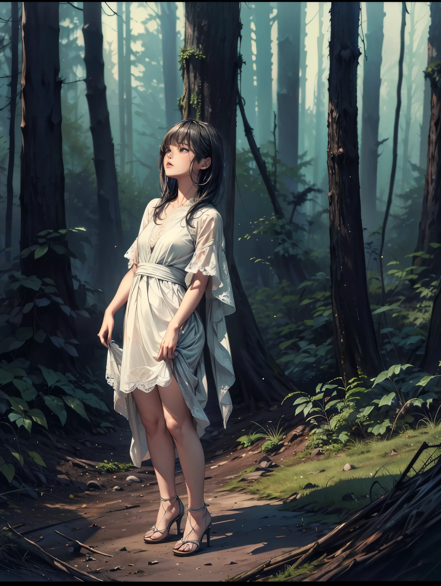 （（（In 8K. ＨＤＲ.Hyperrealism、Masterpiece 1.2、wlop1、Cinematic、Detailed content、Live Photo 1.2, Highest quality 1.2、 Very detailed、Very detailed、Perfect Shading、Low angle full body shot 1.2、1 photo、Artistic photography、Artistic photography、Commercial Photography 1.2、50mm 、Film Grain、）））. （Lace dress、High heels）、（Japanese women、20 years）、（Five Fingers）、(Focus on the characters、Blur the background、Midnight Shooting), （In the dark forest、Deep in the forest at night、Spooky atmosphere、Beksiński-style background&#39;Paintings of、fear、Insanity）、 （Shade lighting、Standing position、Angle from the front、Take a full body photo)、（Small breasts 1.2）、（White skin、Realistic Skin）、（Black Hair、Short Bob、bangs、おでこが隠れるbangs）