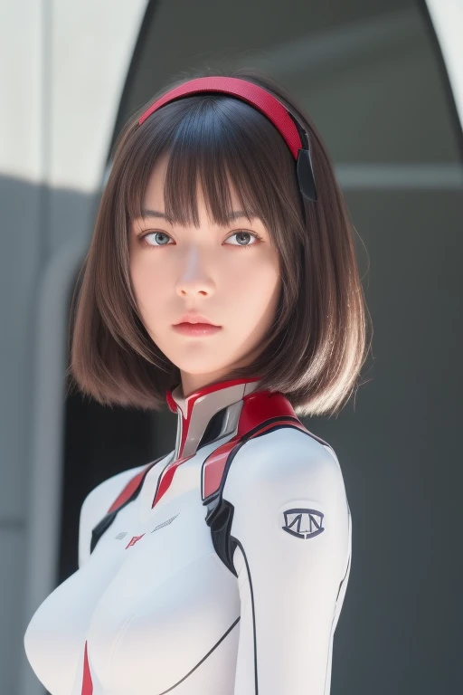 (masterpiece:1.2), highest quality, (Beautiful details:1.6), Detailed Photos, (Perfect hands, Accurate anatomy), Natural light, 
rei ayanami, Evangelion, One Woman, A sad expression, Looking into the distance, 
The pupil is red, Red Eyes, (Her eyes are crimson:1.6), The mouth is slightly open, Cyan-colored hair, Smooth Hair, fine hair, short hair, 
Headgear divided into left and right, Semi-elliptical head interface, Oval Headset, 
bodysuit, Complete plug suit, Simple plug suit, White-based bodysuit, 
Inside the hangar, 大きなInside the hangar, 