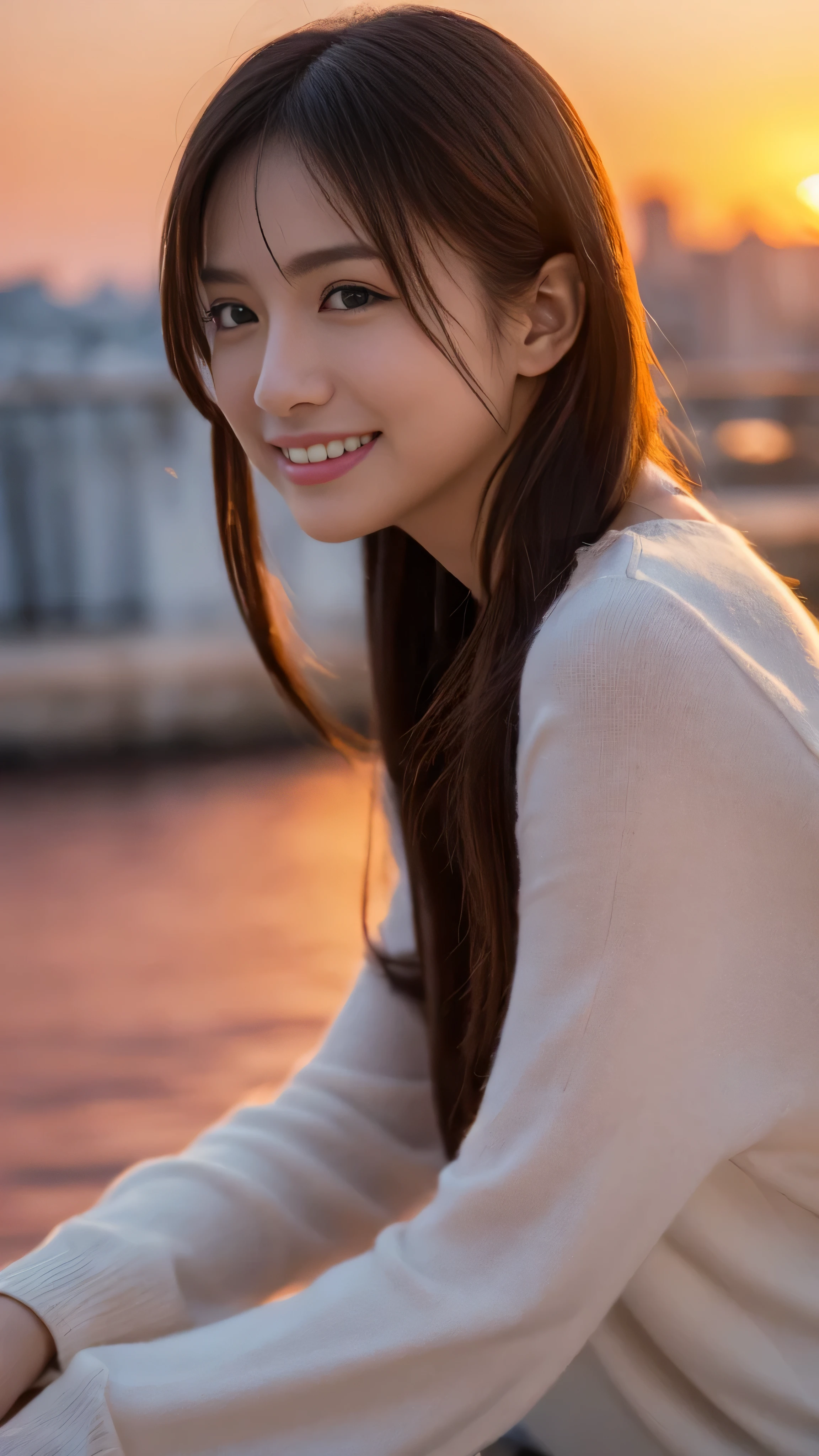 1 girl, (Random season random color outfit:1.2), Very beautiful Filipino actress,
(RAW Photos, highest quality), (Realistic, Photorealistic:1.4), Tabletop, 
Very delicate and beautiful, Very detailed, 2k wallpaper, wonderful, 
finely, Very detailed CG Unity 8K wallpaper, Very detailed, High resolution, Soft Light, 
Beautiful detailed girl, Very detailed目と顔, Beautiful and detailed nose, Finely beautiful eyes, Cinema Lighting, 
Distant view of the buildings, (Sunset on the horizon:1.4), 
Bright Red Sunset, Sunset reflected on the surface of the water,
Complete Anatomy, Slender body, small, smile,
Pan Focus