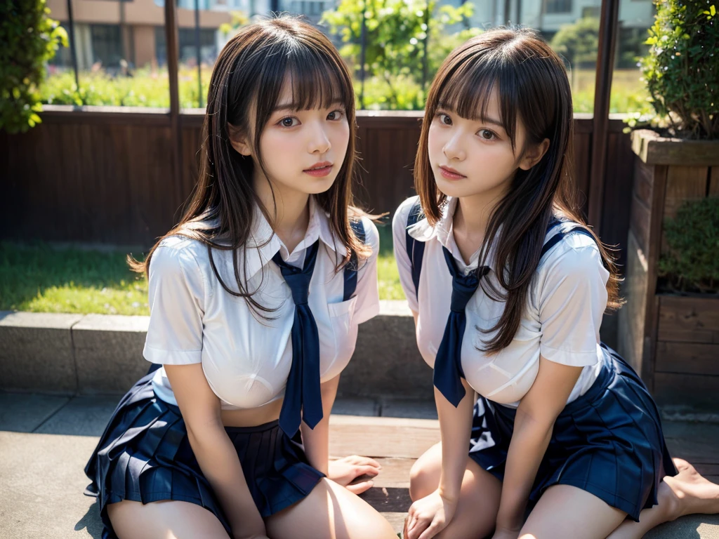 (RAW photo, 4k, masterpiece, high resolution, extremely complex) (realistic: 1.4), (NSFW), cinematic lighting
((2 girls, 2 schoolgirls)),Slam Dunk's,blushing,((innocent)),bright eyes,round eyes,blunt bangs,short bob hair, black hair color,black hair,large breasts,wide hips,Summer Noon, ,Hot, (Best Quality), (Highres), (an Extremely Delicate and Beautiful),(Beautiful 8k face),(Brown eyes),( spectators),(gigantic breasts),(Play with each other,Touching each other's bodies,Touching the body),(Japanese high school uniform:1.3),blue skirt,(reality),bright lighting,(The background is a luxury hotel room)