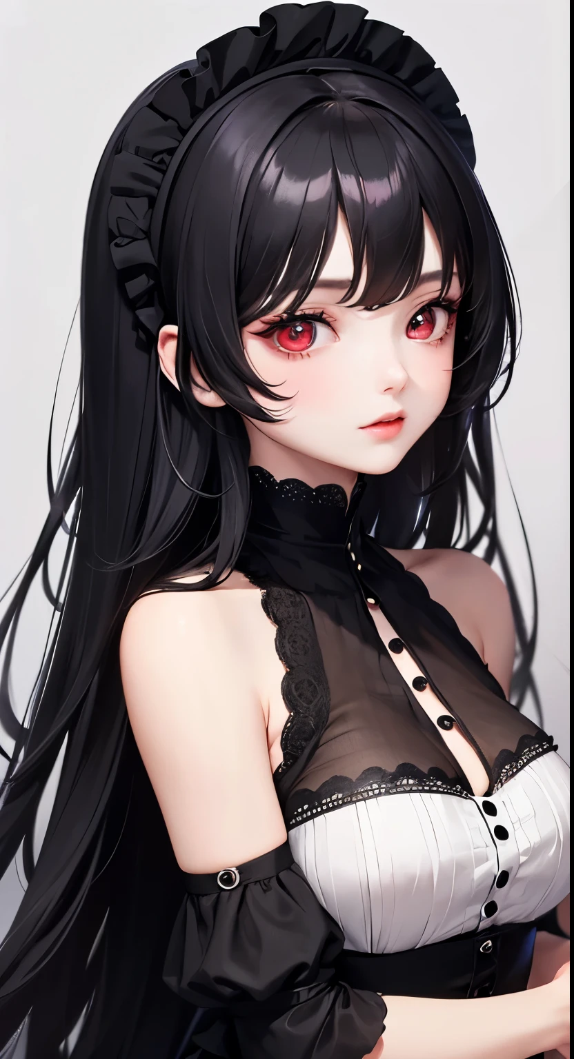 1 girl,Depp's Sense,confused,catch light,Super beautiful illustration,,(black color,long hairstyles:1.3),dark dark eyeshadow,bright red lipstick,Gothic ta,;d,beautiful and delicate hair,delicate and detailed red eyes,blue shining light effect, white hair