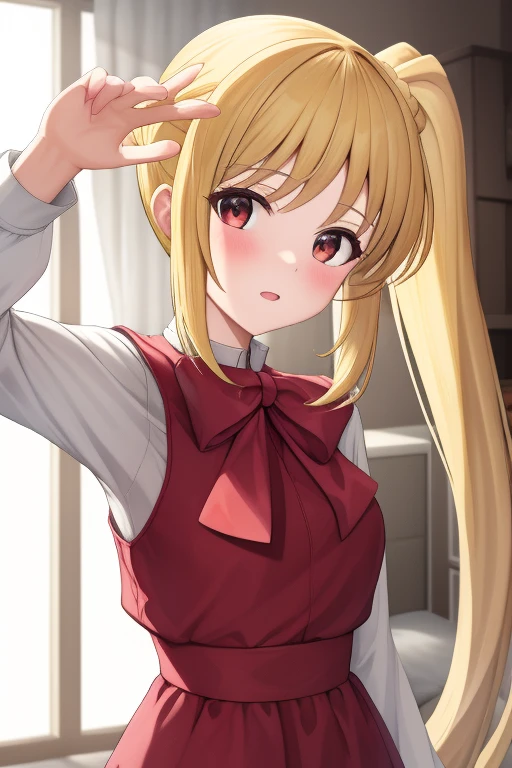 (masterpiece, highest quality:1.2), Blonde girl with red eyes,
 Side Ponytail, Full Bang,blouse,dynamic pose
,Looks confused, at home, 
Super detaileded, highest quality, Expressive eyes, Perfect Face, super high quality, Super detailed