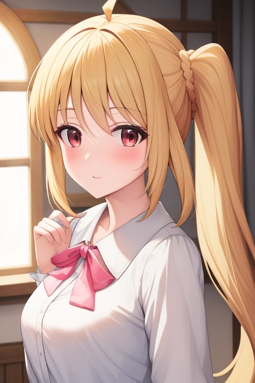 (masterpiece, highest quality:1.2), Blonde girl with red eyes,
 Side Ponytail, Full Bang,blouse,dynamic pose
,Looks confused, at home, 
Super detaileded, highest quality, Expressive eyes, Perfect Face, super high quality, Super detailed