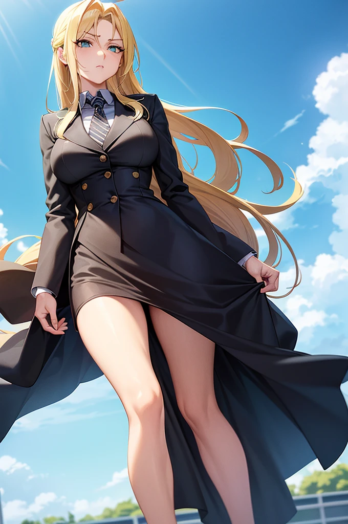 Woman saluting,Blonde,Long hair is thick,very red lips,Big Ass,Narrow waist,Long legs,Green Eyes Standing 8k(( A sloppy smile, The face we're looking for), ,8k(( Anime Style, The facial expression is good, Anime Style緑色の眼, The facial expression is good:1.5)), Standing at the station, Morning, Beauty, soldier, uniform,spring,cherry blossoms,looking at the camera