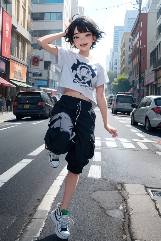 Dance,Artistic jump,break dance,Strenuous movements,vibrancy,Steam flows from exhaust outlets on the road surface,The road surface is wet,solo,Fluttering hair,Cute Baby Turtle,a small face,hason,tween,Bright smile,half-open mouth,(navy hair,wavy short hair),(cargo pants,white Tee,platform sneakers),(delicate detailed fingers,Detailed body,detailed arms,5finger),(beautiful Detailed face) ,