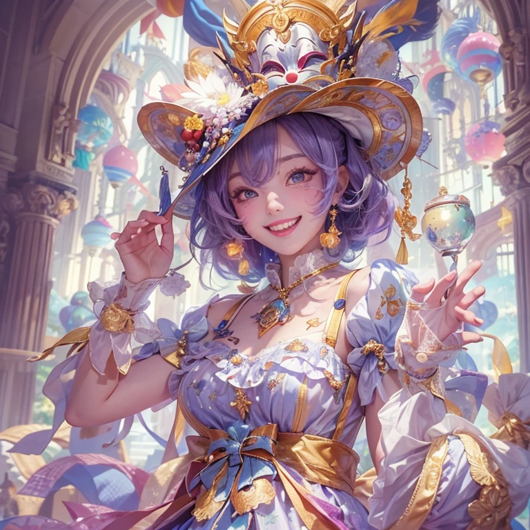 Hiding in the castle、Hair flow、 ((highest quality、masterpiece、8k、Best image quality、Ultra-high resolution、Award-winning works)、(Accurate anatomy:1.1)、(Look at me and smile:1.1)、Shining fair skin with Ultra-high resolution、The most detailed face、Ultra-high resolution detailed face、Ultra-high resolutionの髪の毛、(Ultra-high resolutionの煌めく瞳:1.1)、Beautiful face drawn in every detail、Cheerful clown costume, Chest to chest, tattoo,、Subtle clown makeup、Masquerade and masks