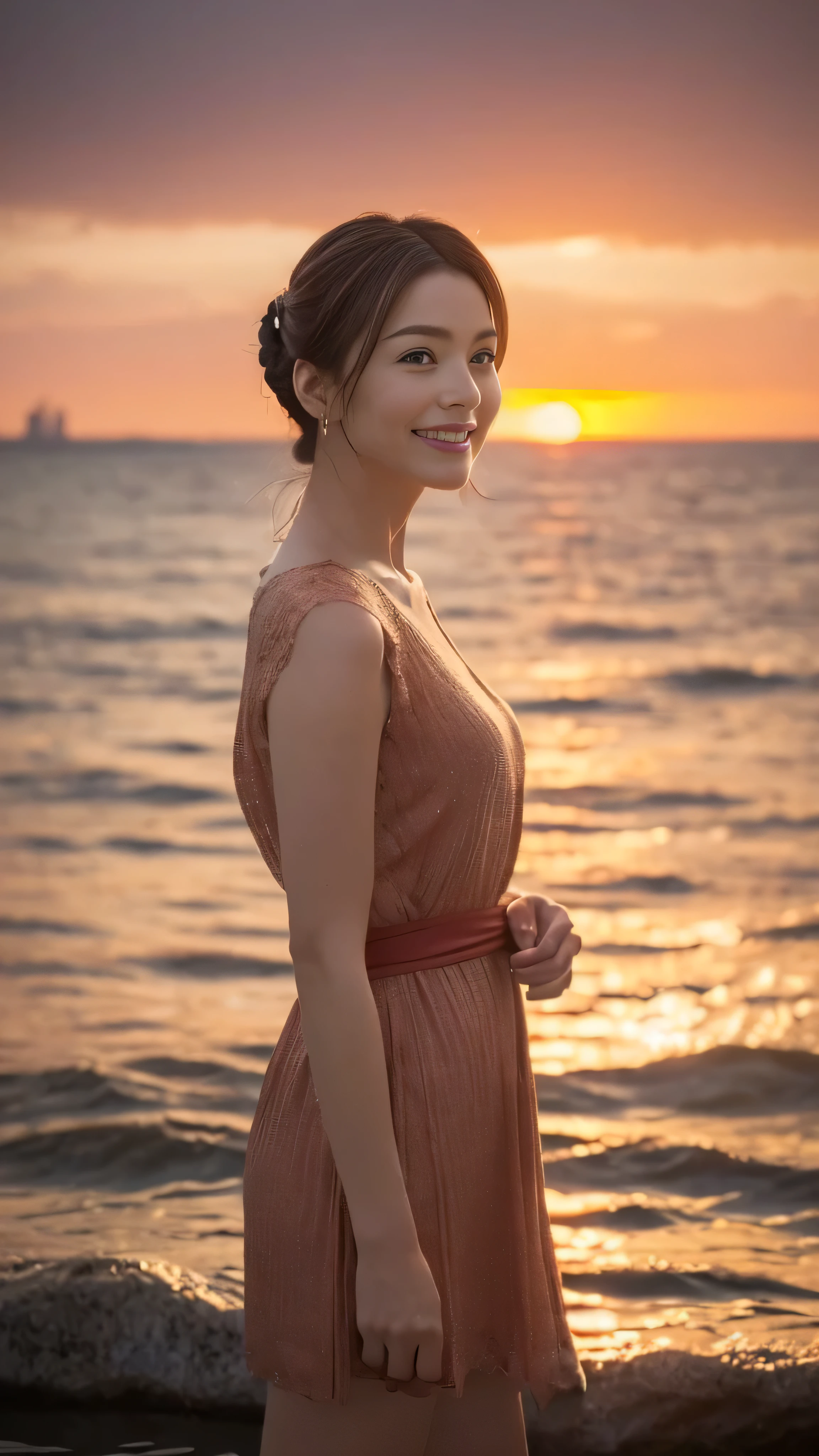 (A photo of one woman:1.5)1 girl, (Random season random color outfit:1.2), (Very beautiful British actress:1.5),
(RAW Photos, highest quality), (Realistic, Photorealistic:1.4), Tabletop, 
Very delicate and beautiful, Very detailed, 2k wallpaper, wonderful, 
finely, Very detailed CG Unity 8K wallpaper, Very detailed, High resolution, Soft Light, 
Beautiful detailed girl, Very detailed目と顔, Beautiful and detailed nose, Finely beautiful eyes, Cinema Lighting, 
Distant view of the buildings, (Sunset on the horizon:1.4), 
Bright Red Sunset, Sunset reflected on the surface of the water,
Complete Anatomy, Slender body, small, smile,
Pan Focus