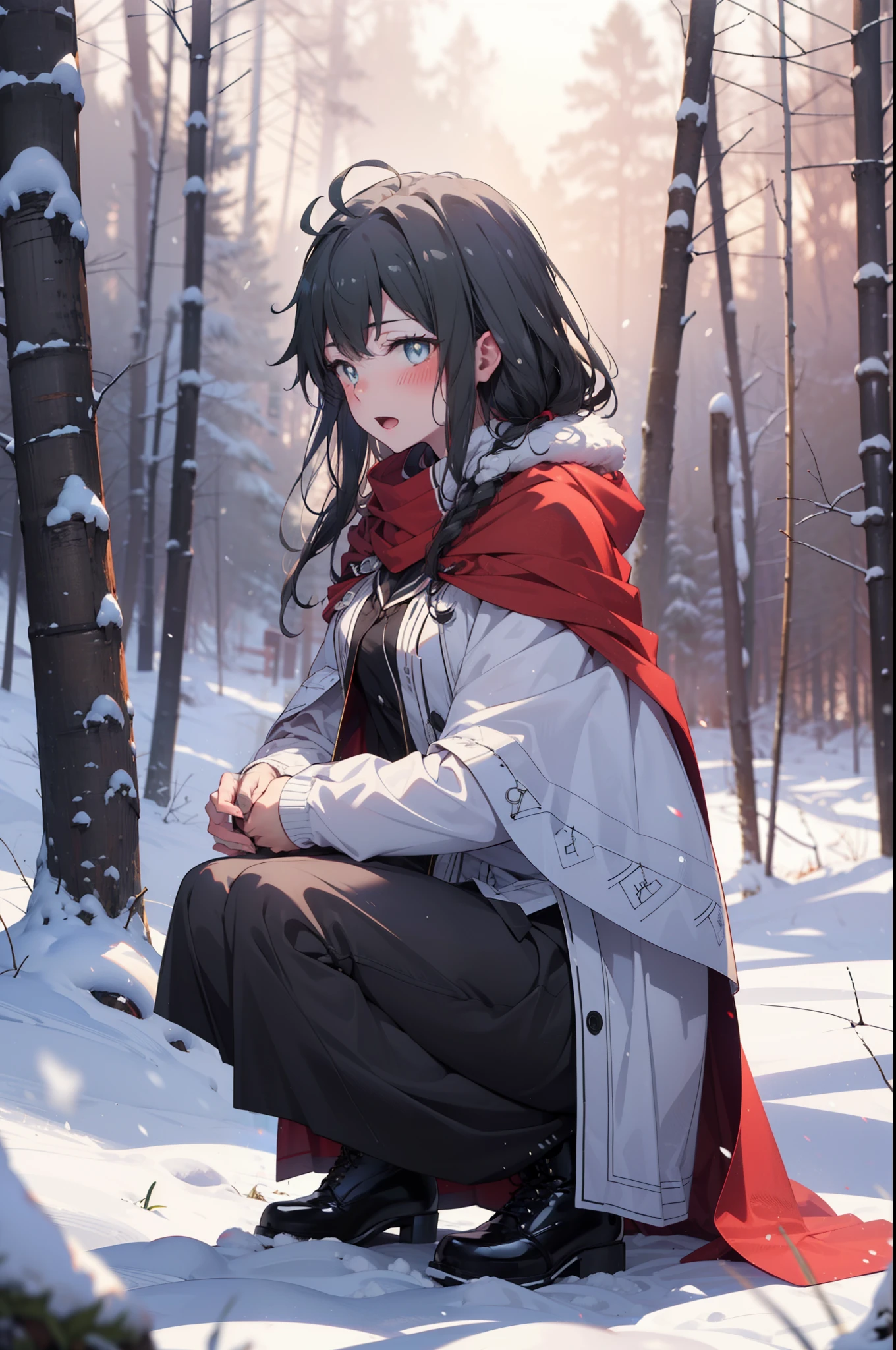 yukinoyukinoshita, yukino yukinoshita, Black Hair, blue eyes, Long Hair, Ahoge,smile,blush,White Breath,
Open your mouth,snow,Ground bonfire, Outdoor, boots, snowing, From the side, wood, suitcase, Cape, Blurred, Increase your meals, forest, White handbag, nature,  Squat, Mouth closed, フードed Cape, winter, Written boundary depth, Black shoes, red Cape break looking at viewer, Upper Body, whole body, break Outdoor, forest, nature, break (masterpiece:1.2), highest quality, High resolution, unity 8k wallpaper, (shape:0.8), (Beautiful and beautiful eyes:1.6), Highly detailed face, Perfect lighting, Highly detailed CG, (Perfect hands, Perfect Anatomy),