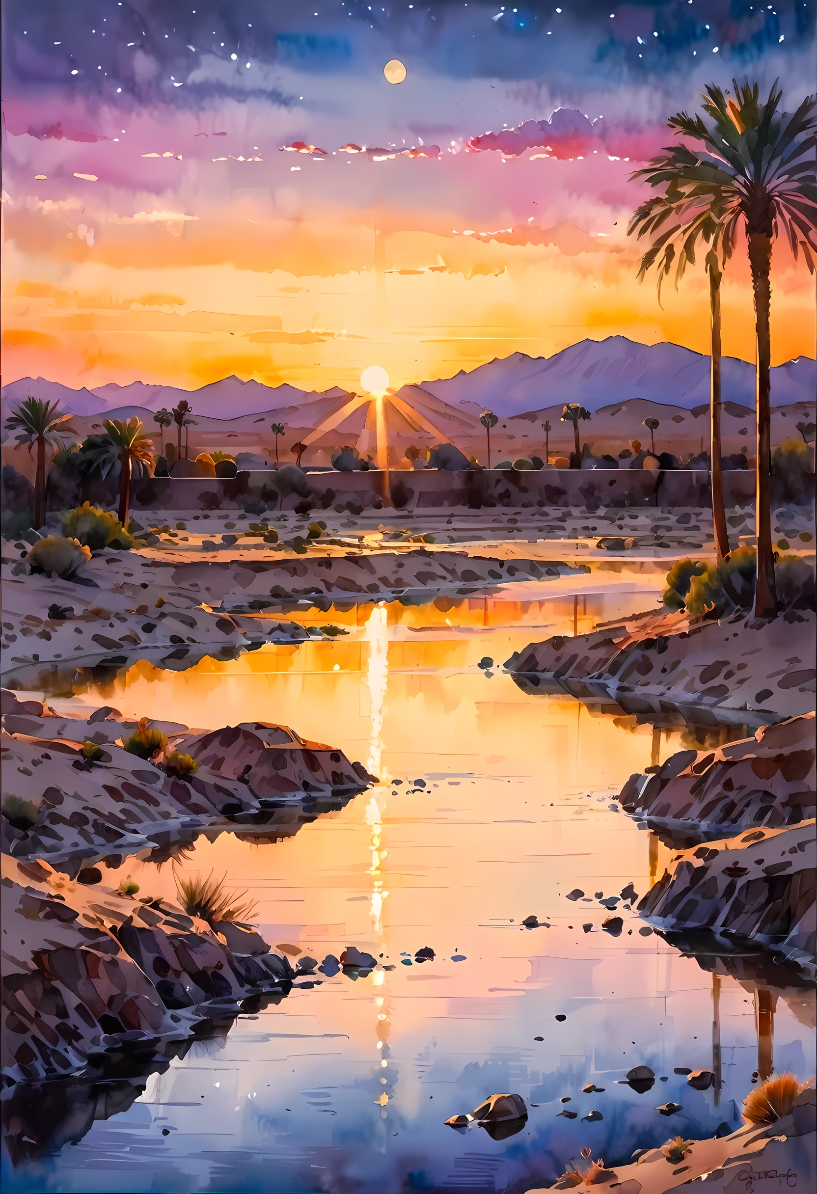 traditional watercolor painting (water color art: 1.5), an award wining, water color art, of an oasis (masterpiece, best detailed, best quality: 1.4) in the desert at sunset, there are some palm trees, and a small spring of water  (masterpiece, best detailed, best quality: 1.4), it is the time between night and day, there are some stars in the sky, and the sun is about to rise, the sky are in shades of, night, yellow and purple, first sun rays of dawn, rolling desert hills in the background, dynamic range, ultra wide shot, photorealism, depth of field, hyper realistic