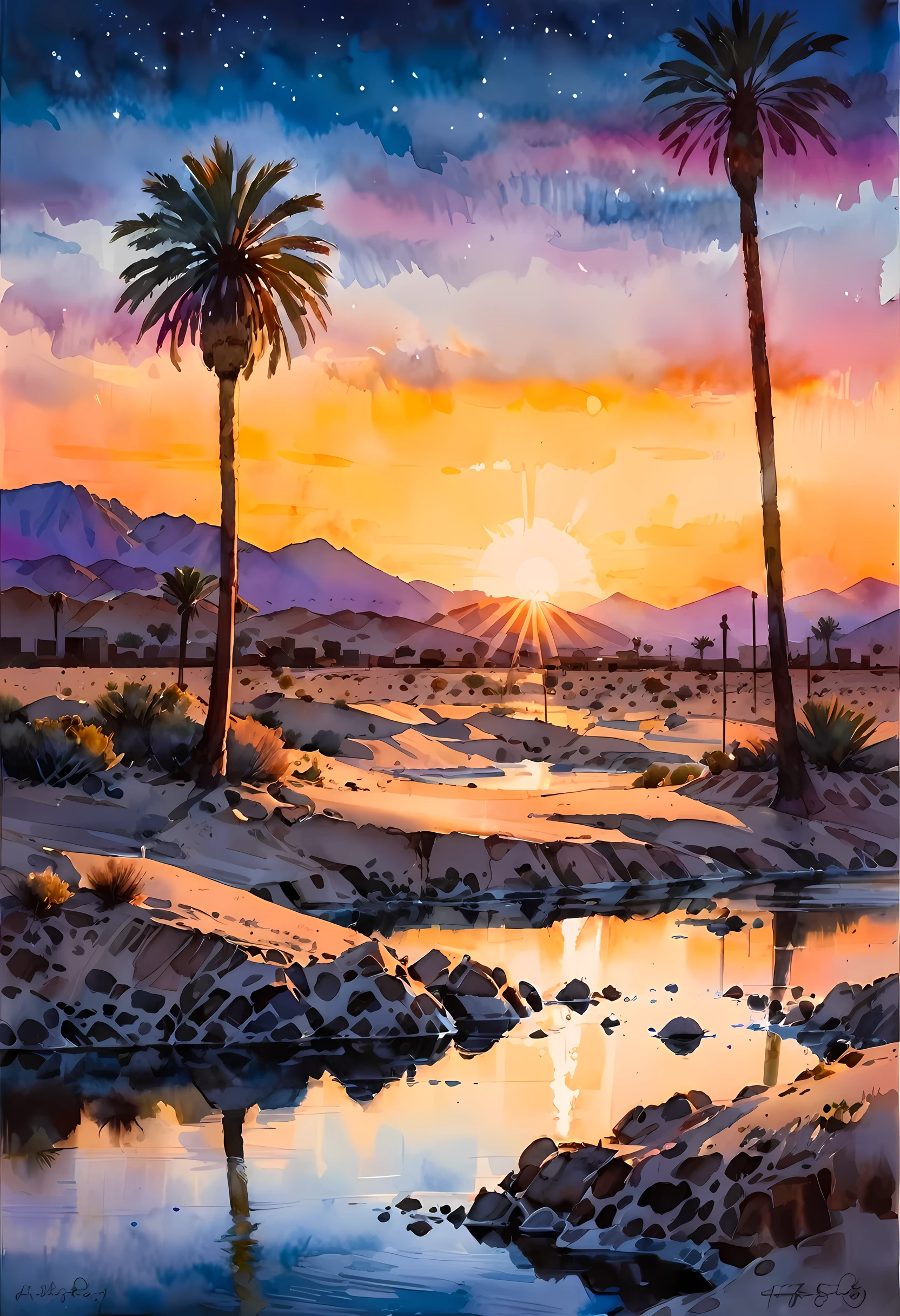 traditional watercolor painting (water color art: 1.5), an award wining, water color art, of an oasis (masterpiece, best detailed, best quality: 1.4) in the desert at sunset, there are some palm trees, and a small spring of water (masterpiece, best detailed, best quality: 1.4), it is the time between night and day, there are some stars in the sky, and the sun is about to rise, the sky are in shades of, night, yellow and purple, first sun rays of dawn, rolling desert hills in the background, dynamic range, ultra wide shot, photorealism, depth of field, hyper realistic