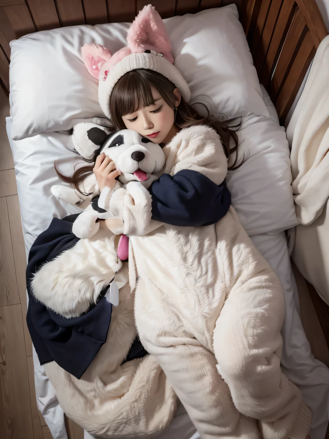 A teenage Japanese woman in pajamas sleeping while hugging a stuffed rabbit