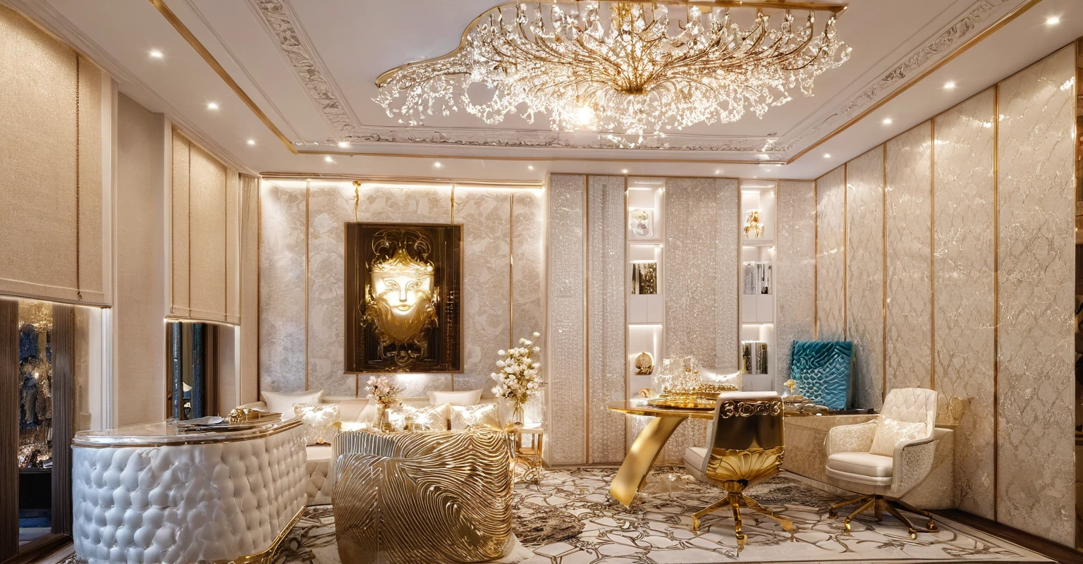 ，Masterpiece, Best quality，8K, Ultra-high resolution，When you step into the living room，Immediately surrounded by a rich atmosphere of luxury。Ornate crystal chandeliers hang high on the wall，Shine brightly。The sofa was covered with a soft white fluffy blanket，It is so comfortable，So much so that you can't help but indulge in it。In the corner of the living room is a delicate coffee table，Embellished with precious porcelain and champagne gold ornaments。Whenever it is late afternoon，The afterglow from the window spilled on the floor，Soft light and shadow are reflected，It was as if entering a dreamland。