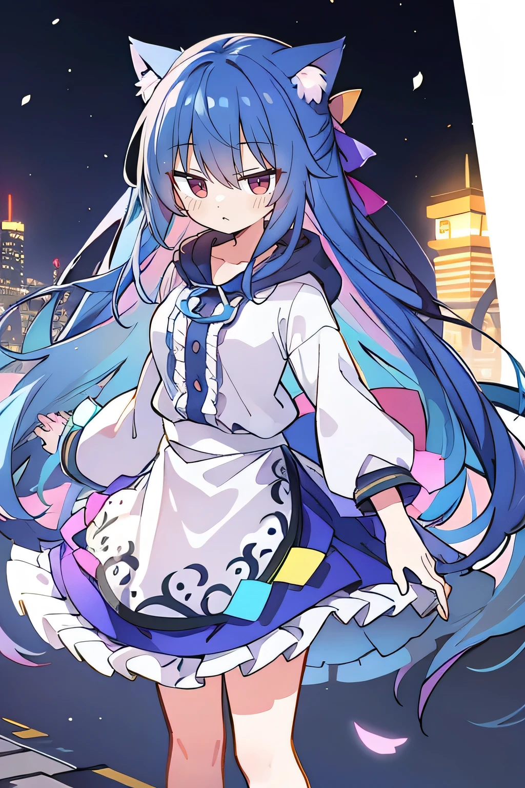 (masterpiece:1.2),Super detailed,lifelike,Expressive eyes,fair skin,perfect face shape,1 girl,
Japanese comics,Gorgeous blue hair,flowing blue hair,flowing clothes,Cat ears,Petals fall,beautiful lola,Baby Angel,
Shaking head with one hand,Cross your legs,Gentle and peaceful background,The pavilion is cool and comfortable,smile, wearing hoodie, background of tokyo,back views,snowing, winter.