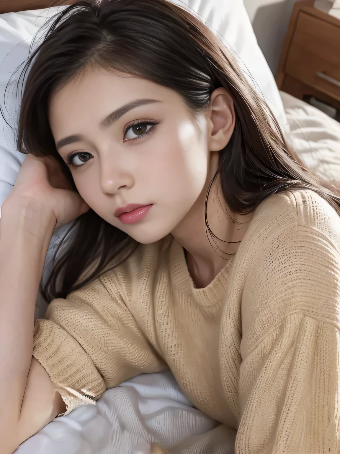 A single photo、One Woman、White T-shirt、See-through T-shirt、Cute sleeping face、Sleeping on your stomach、In bed、close your eyes、No makeup、No makeup、20-year-old、Fair skin、Black Hair、