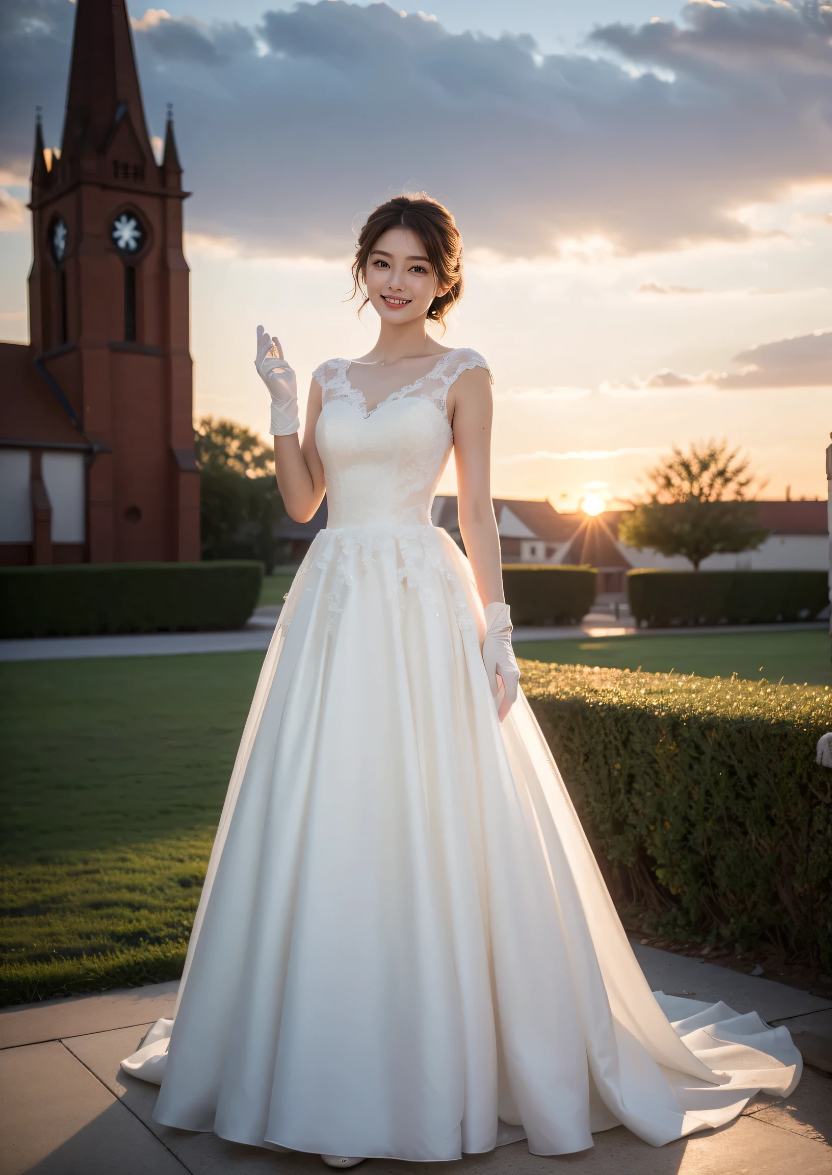Beautiful 25 year old  woman。She is wearing a wedding dress and white gloves. She is smiling on illuminated by the evening church lights on the romantic sunset time.  her dark brown short length hair. High resolution、masterpiece、highest quality、頭w:1.0、((Hasselblad Photos))、fine skin、(movie lighting)、clavicle . full body picture.