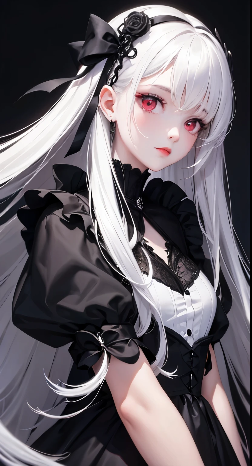 1 girl, Depp's Sense,confused,catch light,Super beautiful illustration,,(black color,long hairstyles:1.3),dark dark eyeshadow, bright red lipstick, Gothic Lolita,;d, beautiful and delicate hair,delicate and detailed red eyes,blue shining light effect, white hair