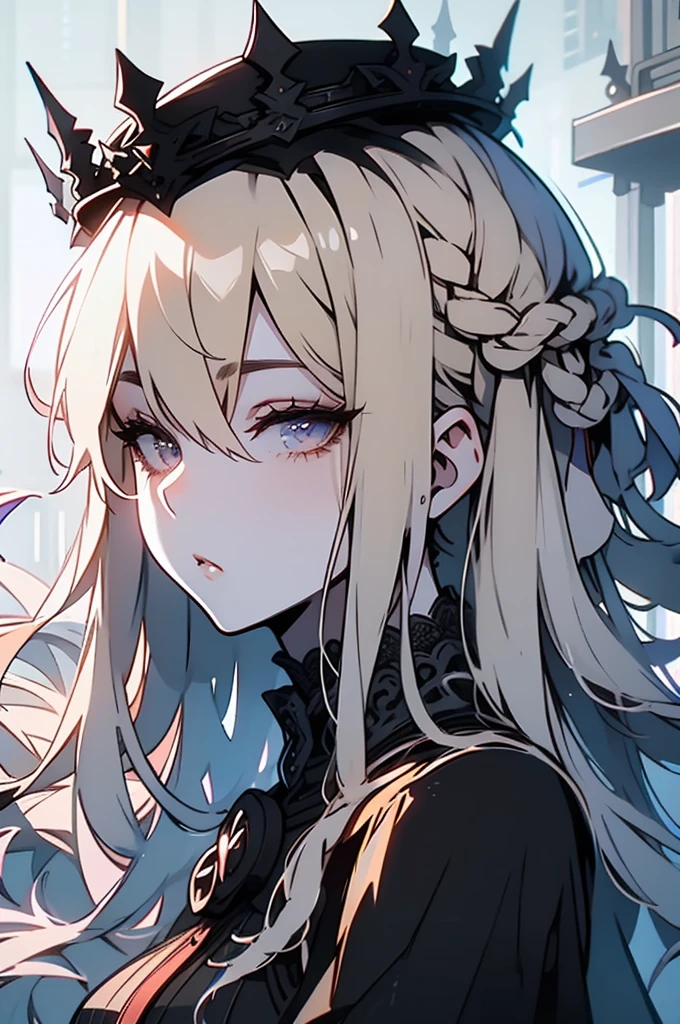 Portrait style image, subject a young woman, close-up view of her face as the main focal point. She has medium-length blonde hair styled in a slightly messy, windswept look framing her face. Her face features soft, delicate features - gentle eyes, small nose, pouty lips. Her expression is pensive, lost in thought, with a hint of vulnerability. She is wearing a stylish fedora hat that casts dramatic shadows across part of her face. The lighting is moody, atmospheric, with well-defined shadows and highlights accentuating the shape of her face and features. The background is intentionally blurred, out of focus to remove distractions. Image should capture a sense of mystery, emotion, and quiet introspection. Rendered in monochrome black and white with high contrast and sharp details.