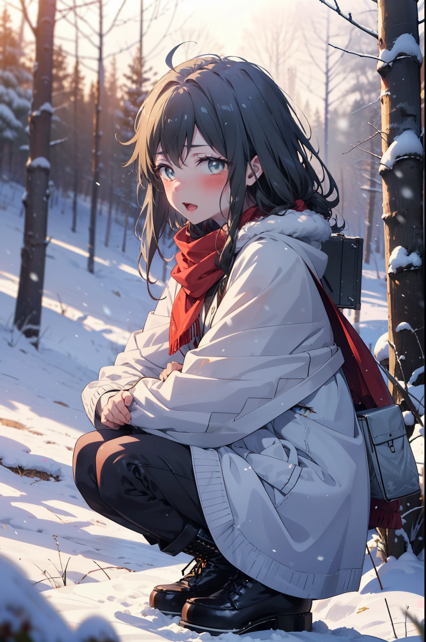 yukinoyukinoshita, yukino yukinoshita, Black Hair, blue eyes, Long Hair, Ahoge,smile,blush,White Breath,
Open your mouth,snow,Ground bonfire, Outdoor, boots, snowing, From the side, wood, suitcase, Cape, Blurred, Increase your meals, forest, White handbag, nature,  Squat, Mouth closed, フードed Cape, winter, Written boundary depth, Black shoes, red Cape break looking at viewer, Upper Body, whole body, break Outdoor, forest, nature, break (masterpiece:1.2), highest quality, High resolution, unity 8k wallpaper, (shape:0.8), (Beautiful and beautiful eyes:1.6), Highly detailed face, Perfect lighting, Highly detailed CG, (Perfect hands, Perfect Anatomy),