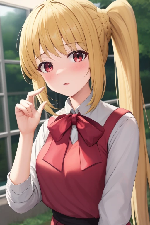 (masterpiece, highest quality:1.2), Blonde girl with red eyes,
 Side Ponytail, Full Bang,blouse,dynamic pose
,Embarrassed, School, 
Super detaileded, highest quality, Expressive eyes, Perfect Face, super high quality, Super detailed