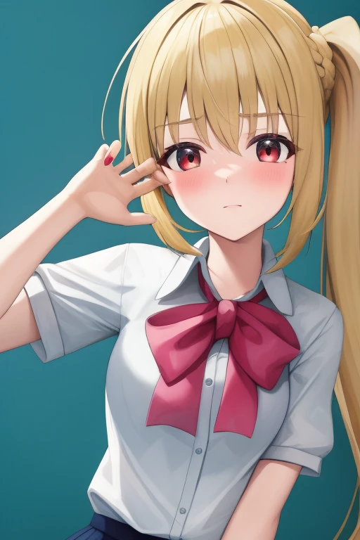 (masterpiece, highest quality:1.2), Blonde girl with red eyes,
 Side Ponytail, Full Bang,blouse,dynamic pose
,Embarrassed, School, 
Super detaileded, highest quality, Expressive eyes, Perfect Face, super high quality, Super detailed