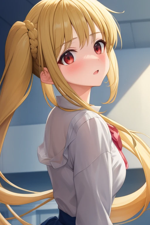 (masterpiece, highest quality:1.2), Blonde girl with red eyes,
 Side Ponytail, Full Bang,blouse,dynamic pose
,Embarrassed, School, 
Super detaileded, highest quality, Expressive eyes, Perfect Face, super high quality, Super detailed