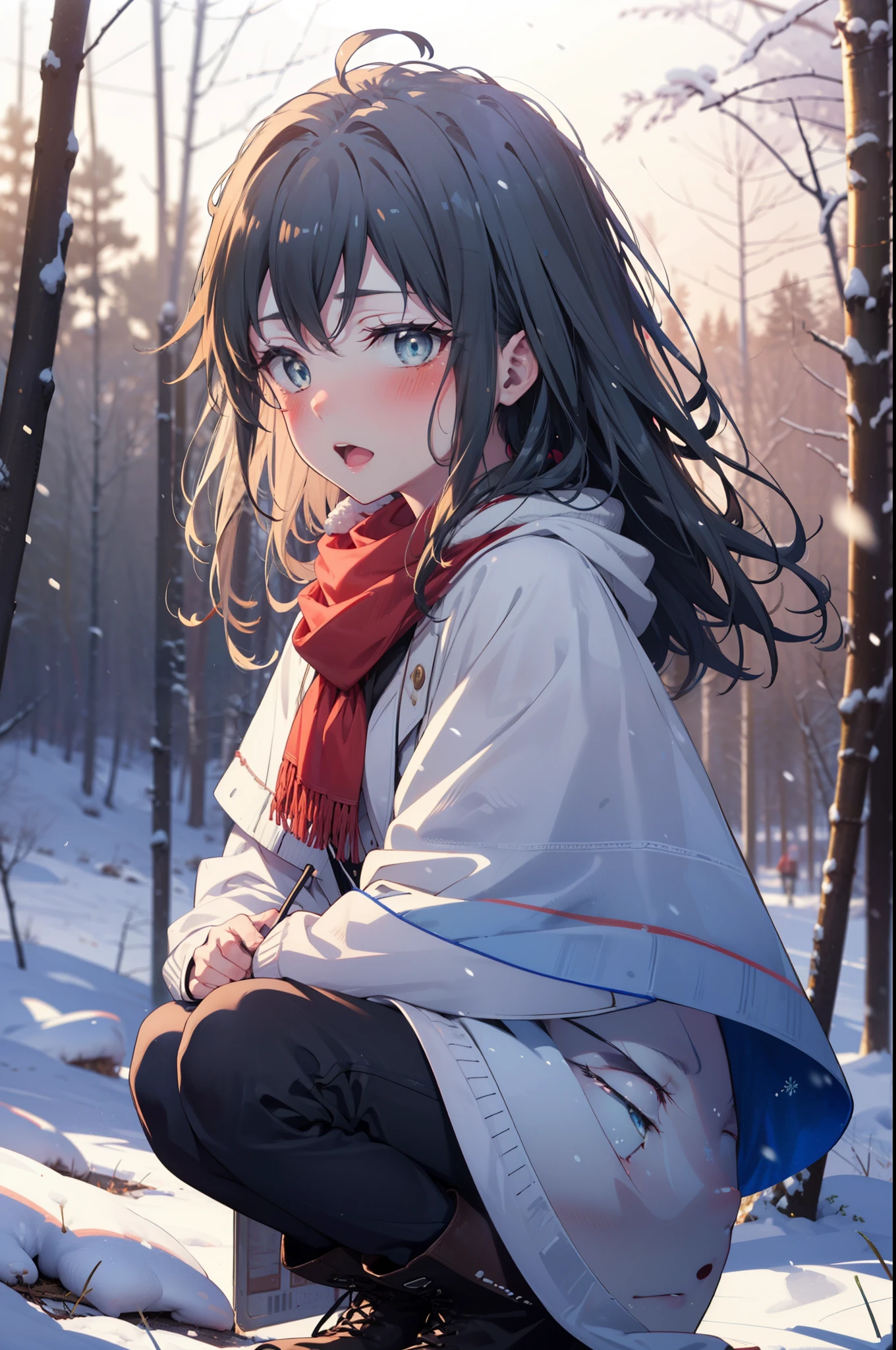 yukinoyukinoshita, yukino yukinoshita, Black Hair, blue eyes, Long Hair, Ahoge,smile,blush,White Breath,
Open your mouth,snow,Ground bonfire, Outdoor, boots, snowing, From the side, wood, suitcase, Cape, Blurred, Increase your meals, forest, White handbag, nature,  Squat, Mouth closed, フードed Cape, winter, Written boundary depth, Black shoes, red Cape break looking at viewer, Upper Body, whole body, break Outdoor, forest, nature, break (masterpiece:1.2), highest quality, High resolution, unity 8k wallpaper, (shape:0.8), (Beautiful and beautiful eyes:1.6), Highly detailed face, Perfect lighting, Highly detailed CG, (Perfect hands, Perfect Anatomy),