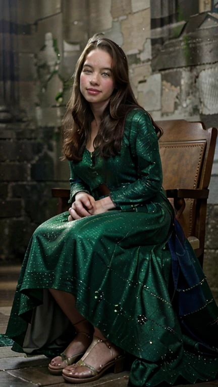 beautiful Anna Popplewell, Queen of Narnia, Narnia (beautiful Royal green gown, Queen gown. heels), very detailed, 30 years old, innocent face, clean face, natural face, natural wavy hair, high resolution, masterpiece, best quality, intricate details, highly detailed, sharp focus, detailed skin, realistic skin texture, texture, detailed eyes, professional, 4k, flirtatious smile, shot on Canon, 85mm, shallow depth of field, kodak vision color, perfect fit body, extremely detailed, foto_\(ultra\), photorealistic, realistic, post-processing, maximum detail, roughness, real life, ultra realistic, photorealism, photography, 8k uhd, photography, at Narnia throne room, red carpet, full body portrait