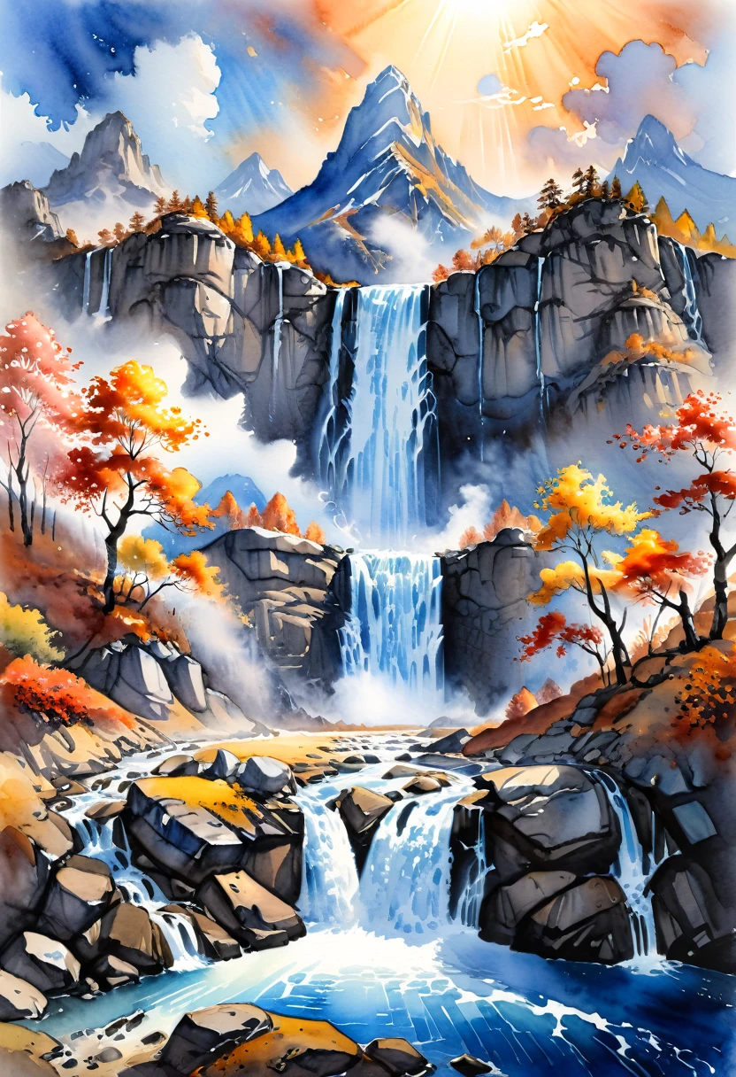 Watercolor Landscape, rhigh altitude Waterfall gushes forth, Breaking open the blue vault of heaven, sun hangs in the autumn sky, fantasy art, (masterpiece, best quality, Professional, perfect composition, very aesthetic, absurdres, ultra-detailed, intricate details:1.3)