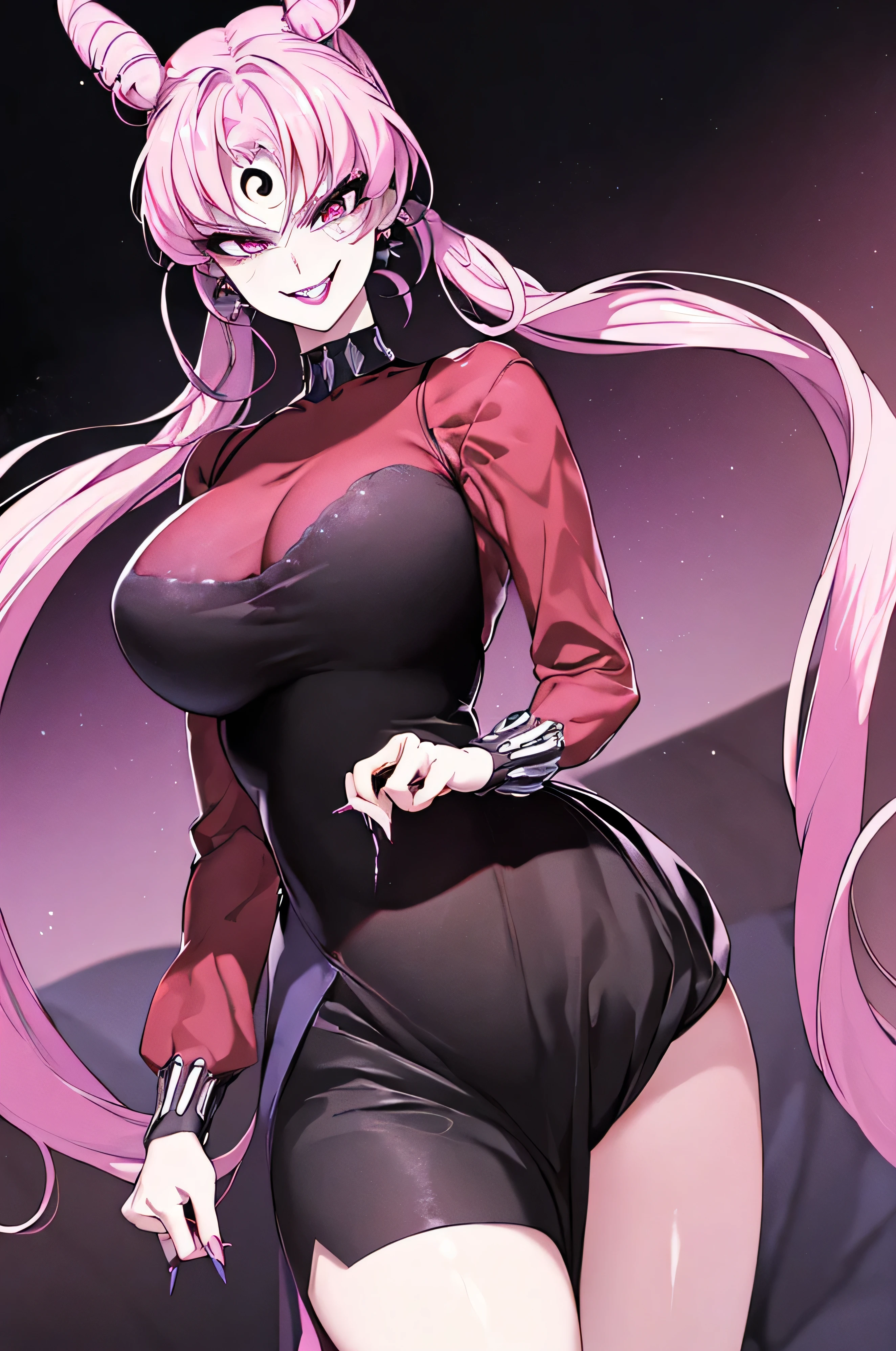 ((masterpiece,best quality)), absurdres,
Black_Lady_Sailor_Moon,pinkhair,twintail
solo, smiling, looking at viewer, cowboy shot, 
cinematic composition, evil smirk,official art,short pants,(beautiful_face:1.5),(narrow_waist),,Highly detailed CG Unity 8K wallpaper, perfect lightingofficial art,short pants,(beautiful_face:1.5),(narrow_waist),,Highly detailed CG Unity 8K wallpaper, perfect lighting, anime screencap, retro artstyle, anime coloring, traditional media,evil smile,evil hugehuge laugh,lipstick,black and purple crystail backgroud,,  facial expression, sadistic smile,  Closeup, fondo, colores oscuros,,crazy smile,horror,very dark badass,