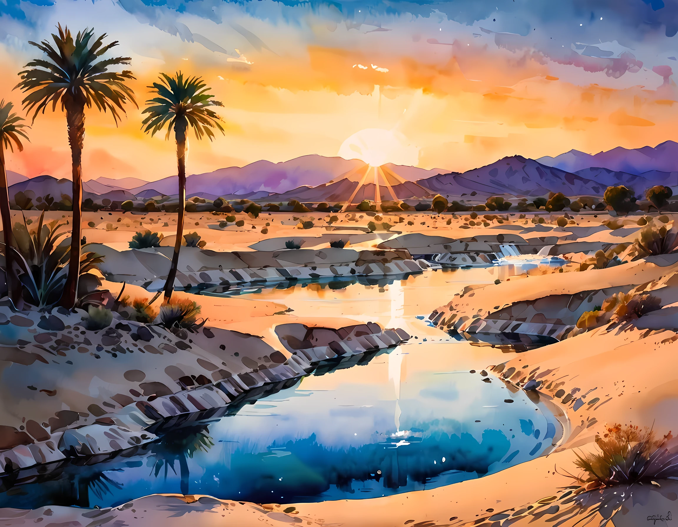 traditional watercolor painting (water color art: 1.5), an award wining, water color art, of an oasis (masterpiece, best detailed, best quality: 1.4) in the desert at sunset, there are some palm trees, and a small spring of water  (masterpiece, best detailed, best quality: 1.4), it is the time between night and day, there are some stars in the sky, and the sun is about to rise, the sky are in shades of, night, yellow and purple, first sun rays of dawn, rolling desert hills in the background, dynamic range, ultra wide shot, photorealism, depth of field, hyper realistic