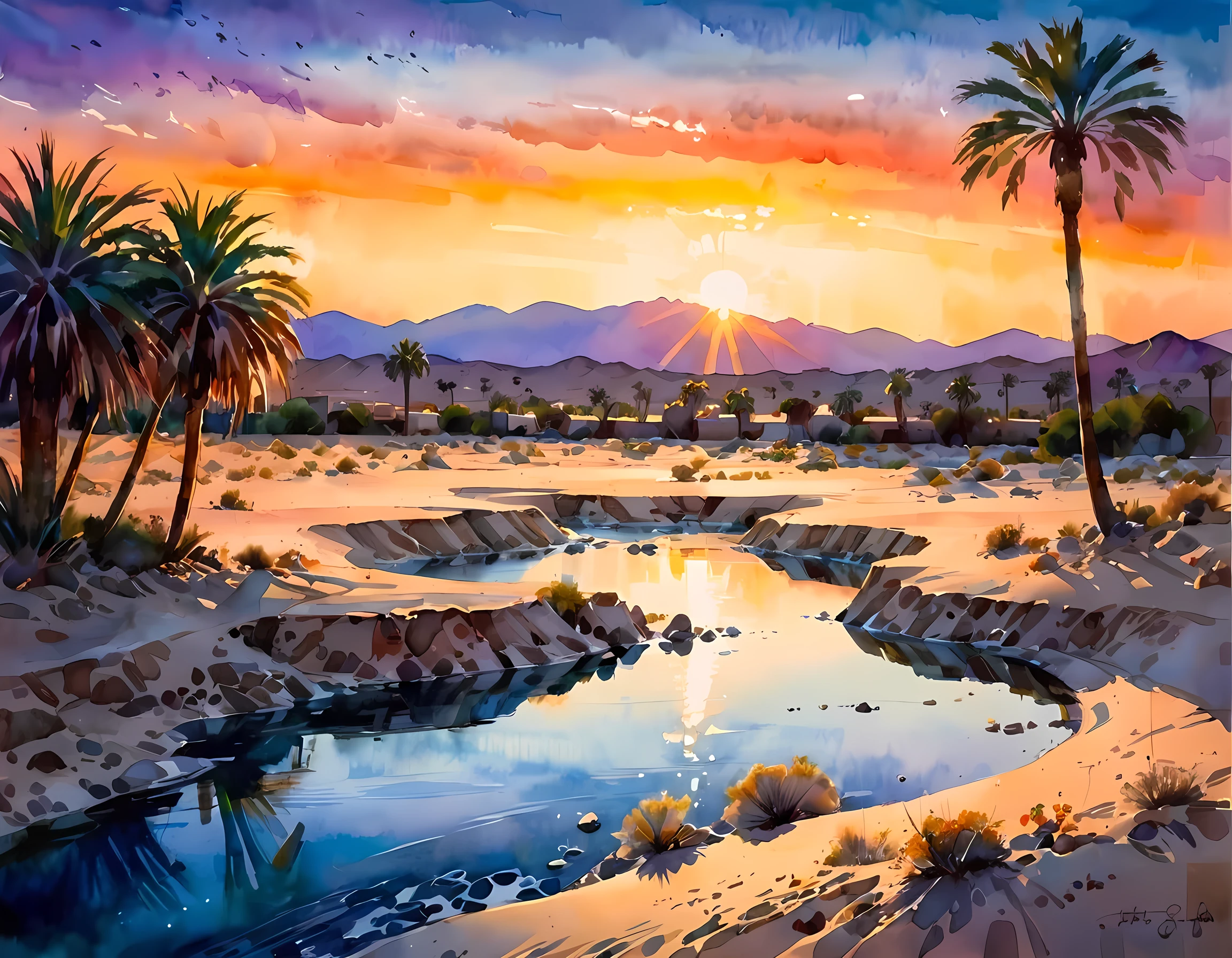 traditional watercolor painting (water color art: 1.5), an award wining, water color art, of an oasis (masterpiece, best detailed, best quality: 1.4) in the desert at sunset, there are some palm trees, and a small spring of water  (masterpiece, best detailed, best quality: 1.4), it is the time between night and day, there are some stars in the sky, and the sun is about to rise, the sky are in shades of, night, yellow and purple, first sun rays of dawn, rolling desert hills in the background, dynamic range, ultra wide shot, photorealism, depth of field, hyper realistic