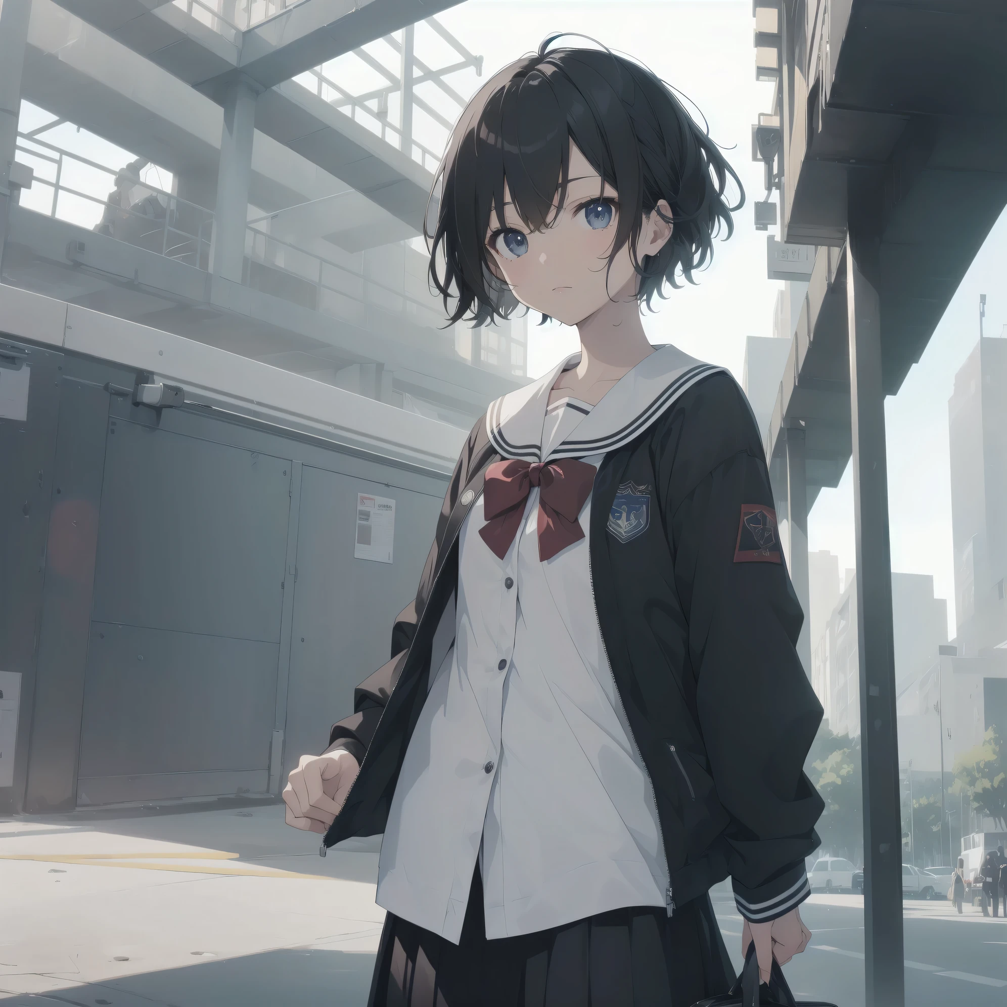 ultra-absurdres-Top quality by artist God, ultra-detailed, high resolution, anime moe artstyle, best anime 8k konachan wallpaper, pixiv contest winner, pool:2810, perfect anatomy,break, 1girl, (Please draw a girl walking sleepily to school alone. )break,(Solo,little female, 13-year-old:1.3),Full limbs, complete fingers,a junior high school student, (very short hair), short cut, flat chest, , small butt, small black eyes, beautiful detailed eyes, well-proportioned iris and pupils, expressive eyes, highres detailed hair, soft expression, salor school_uniform, sailor collar, serahuku, bow, pleated skirt,(Detailed Lighting), (Detailed background), in the School commute route. break,super detailed skin, Best cinematic lighting powered by famous artist, 8k,beauty illustration,photoshop_(medium),very aesthetic,break,((artist:hisona_(suaritesumi) )), artist:clamp ,artist:carnelian ,artist:kantoku ,
