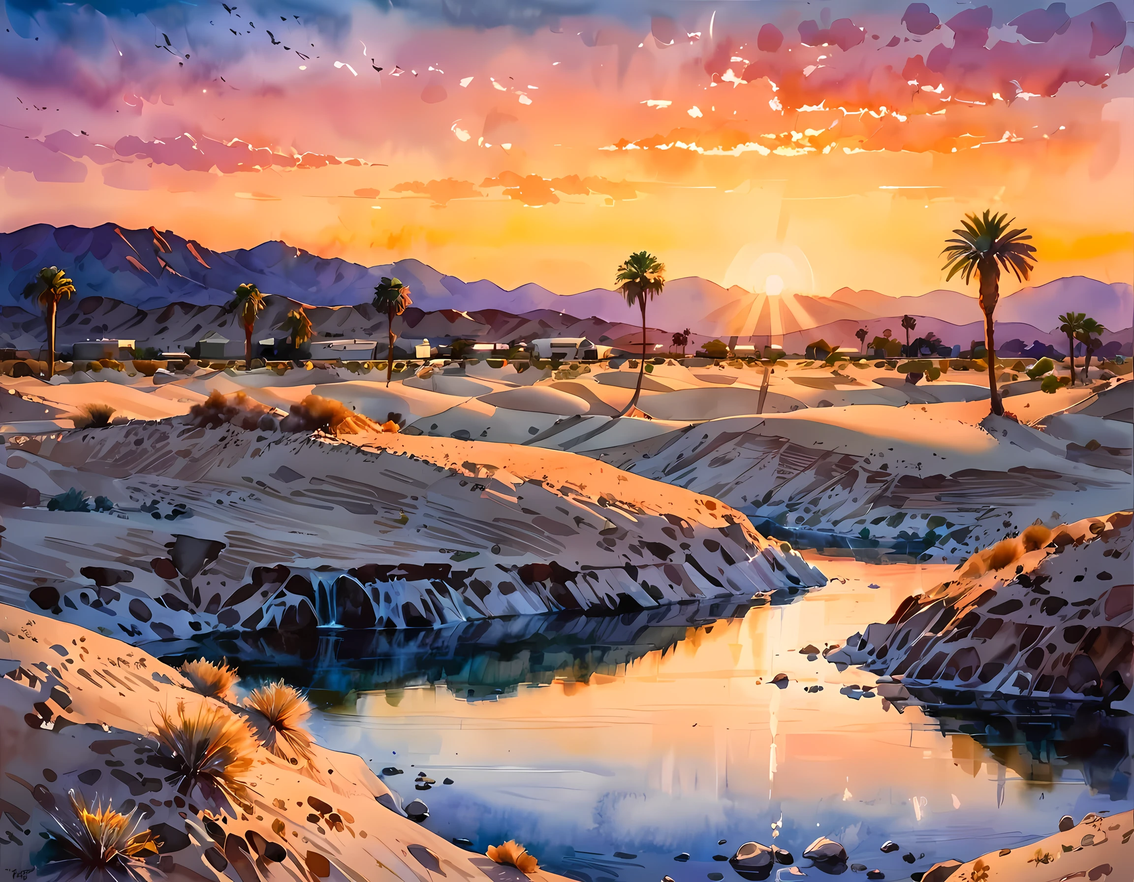 traditional watercolor painting (water color art: 1.5), an award wining, water color art, of an oasis (masterpiece, best detailed, best quality: 1.4) in the desert at sunset, there are some palm trees, and a small spring of water  (masterpiece, best detailed, best quality: 1.4), it is the time between night and day, there are some stars in the sky, and the sun is about to rise, the sky are in shades of, night, yellow and purple, first sun rays of dawn, rolling desert hills in the background, dynamic range, ultra wide shot, photorealism, depth of field, hyper realistic