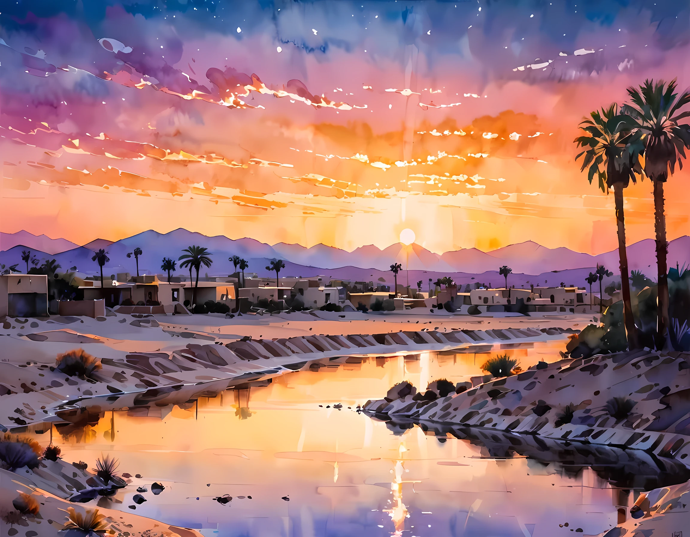 traditional watercolor painting (water color art: 1.5), an award wining, water color art, of an oasis (masterpiece, best detailed, best quality: 1.4) in the desert at sunset, there are some palm trees, and a small spring of water  (masterpiece, best detailed, best quality: 1.4), it is the time between night and day, there are some stars in the sky, and the sun is about to rise, the sky are in shades of, night, yellow and purple, first sun rays of dawn, rolling desert hills in the background, dynamic range, ultra wide shot, photorealism, depth of field, hyper realistic