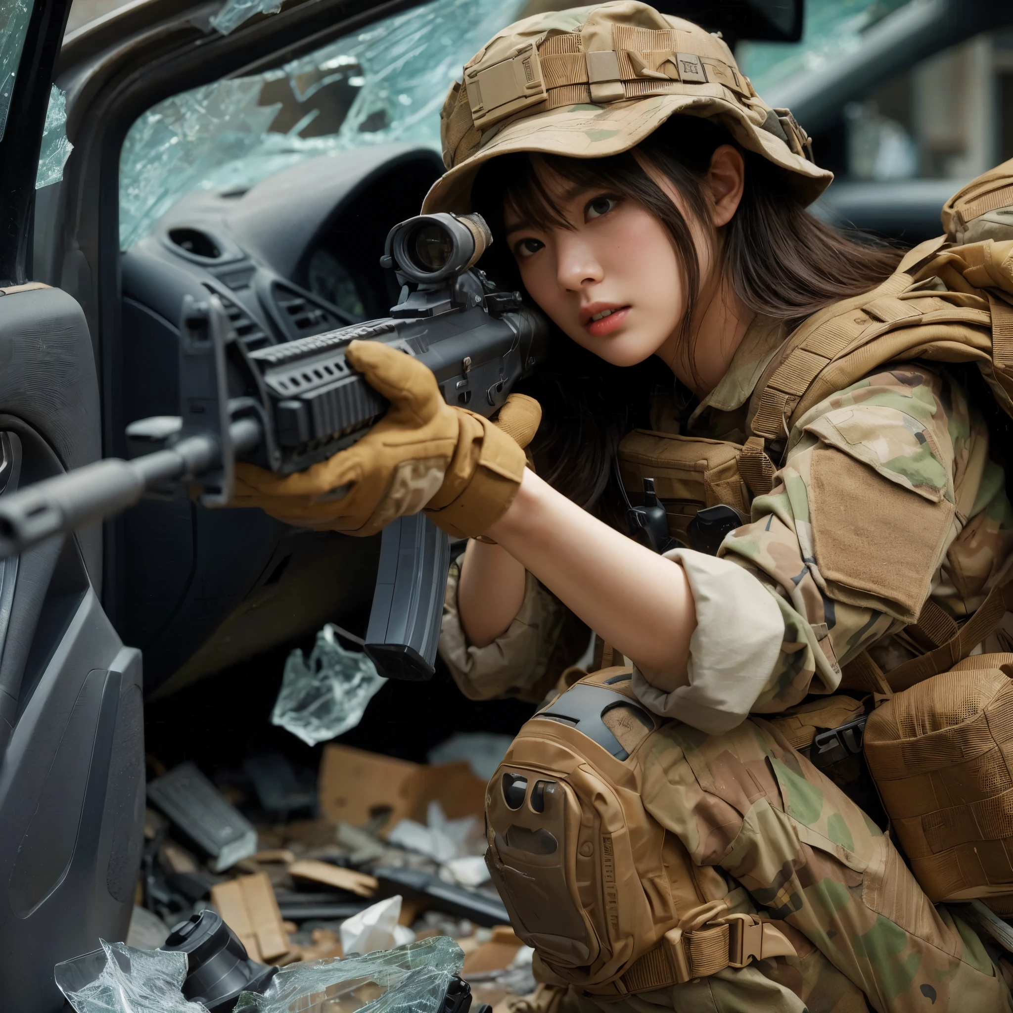 ８ｋ,Realistic Skin Texture、Superrealism、Realistic Photo、Japanese Women in the U.S. Army、Bulletproof vest、Automatic rifle、backpack、cap、Heavy equipment、Hide behind a car、Waiting for a chance to counterattack、anger、Scattered rubble、Dynamic action pose