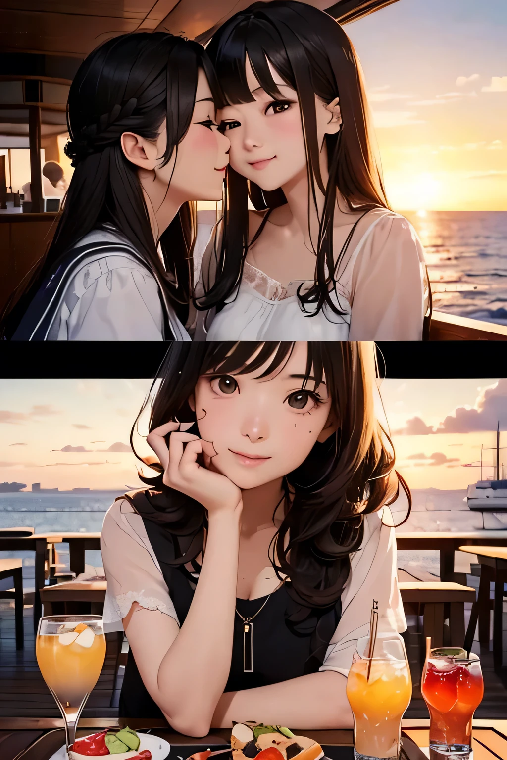highest quality、High resolution、Detailed Background、(Beautiful face in every detail:1.4)、Anatomically correct、(Detailed facial expressions)、(Detailed eyes:1.2)、Beautiful girl in her 20s、(Highly detailed face:1.4)、cute hair color、Brown Hair、Black Hair、Bobcut、Braided long hair、Wavy Hairstyle、well-groomed eyebrows、cute eye makeup、Cute Lip Makeup、cute gesture、Elegant on board、Calm atmosphere、(Fit on one screen)、

(Two beautiful girls enjoying a girls&#39; night out with big smiles on their faces on Elegant on board:1.5)、

(A group of friendly women gather together to take a photo in front of an elegant boat)、
They are photographed smiling, with their arms around each other and leaning against each other.、
She looks cute in gorgeous dresses and relaxed casual styles.、

(Women chatting over cocktails in the ship&#39;s bar lounge)、
They were having a lively conversation and occasionally flashing happy smiles.、
The table is decorated with stylish desserts, fruits, and gorgeous accessories.、

(Gather on the deck and chat while watching the sunset.)、
Enjoy lively conversation with smiles on your face against the backdrop of a dramatic sunset、
A heartwarming scene of friends deepening their friendship through alcohol、cute