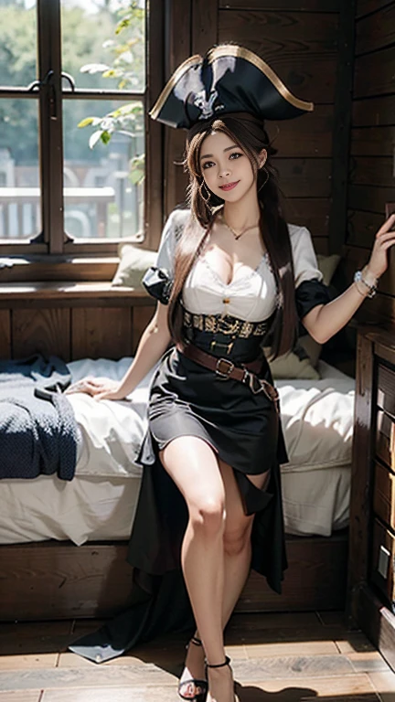 masterpiece, highest quality, Realistic, Very detailed, Finer details, High resolution, 8k wallpaper, One beautiful woman, female pirate cosplay costume,The pirate ship Black Pearl during the day, pirate hat,He has a sword at his waist，Light brown ponytail hair, Perfect dynamic composition,(Throw a kiss), Beautiful and beautiful eyes,,Smile and laugh,Full Body Shot:1.3,Ample breasts,Smile and laugh,Smiling and showing white teeth,