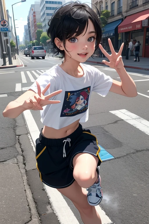 Dance,Artistic jump,break dance,Strenuous movements,vibrancy,Steam flows from exhaust outlets on the road surface,The road surface is wet,solo,Fluttering hair,Cute Baby Turtle,a small face,hason,tween,Bright smile,half-open mouth,(navy hair,wavy short hair),(cargo pants,white Tee,platform sneakers),(delicate detailed fingers,Detailed body,detailed arms,human hand),(Detailed face) ,